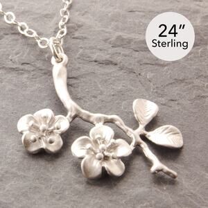 24" Silver Flower Necklace, cherry blossom, flower pendant, silver necklace, 33